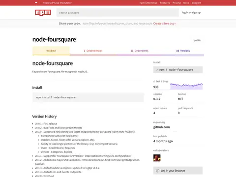 node-foursquare on npm
